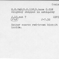 Index card with typed and handwritten information, sometimes including a sketch, of pottery from an excavation.
