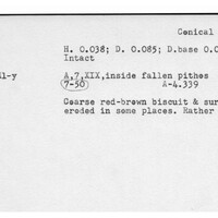 Index card with typed and handwritten information, sometimes including a sketch, of pottery from an excavation.