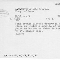 Index card with typed and handwritten information, sometimes including a sketch, of pottery from an excavation.