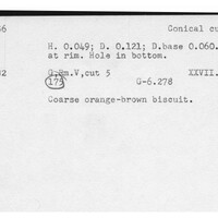 Index card with typed and handwritten information, sometimes including a sketch, of pottery from an excavation.