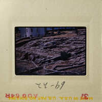 Ancient ruins with stone walls and vegetation, taken from an elevated perspective.