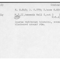 Index card with typed and handwritten information, sometimes including a sketch, of pottery from an excavation.