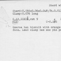 Index card with typed and handwritten information, sometimes including a sketch, of pottery from an excavation.