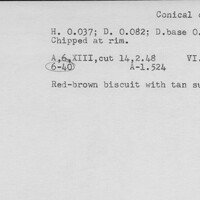 Index card with typed and handwritten information, sometimes including a sketch, of pottery from an excavation.