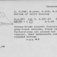 Index card with typed and handwritten information, sometimes including a sketch, of pottery from an excavation.