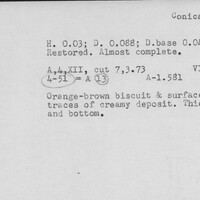 Index card with typed and handwritten information, sometimes including a sketch, of pottery from an excavation.