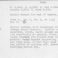 Index card with typed and handwritten information, sometimes including a sketch, of pottery from an excavation.
