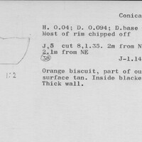 Index card with typed and handwritten information, sometimes including a sketch, of pottery from an excavation.