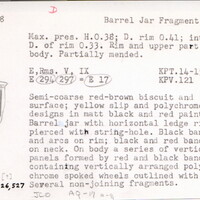 Index card with typed and handwritten information, sometimes including a sketch, of pottery from an excavation.