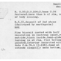 Index card with typed and handwritten information, sometimes including a sketch, of pottery from an excavation.