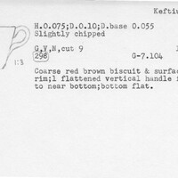 Index card with typed and handwritten information, sometimes including a sketch, of pottery from an excavation.