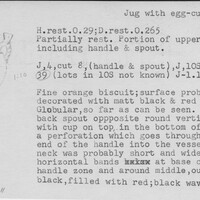 Index card with typed and handwritten information, sometimes including a sketch, of pottery from an excavation.