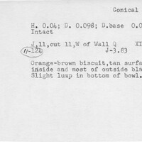 Index card with typed and handwritten information, sometimes including a sketch, of pottery from an excavation.