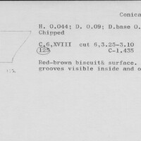 Index card with typed and handwritten information, sometimes including a sketch, of pottery from an excavation.
