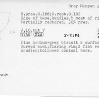 Index card with typed and handwritten information, sometimes including a sketch, of pottery from an excavation.