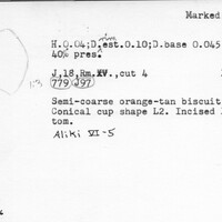 Index card with typed and handwritten information, sometimes including a sketch, of pottery from an excavation.