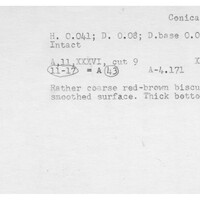 Index card with typed and handwritten information, sometimes including a sketch, of pottery from an excavation.