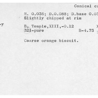 Index card with typed and handwritten information, sometimes including a sketch, of pottery from an excavation.