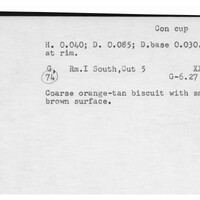 Index card with typed and handwritten information, sometimes including a sketch, of pottery from an excavation.