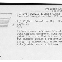 Index card with typed and handwritten information, sometimes including a sketch, of pottery from an excavation.