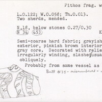 Index card with typed and handwritten information, sometimes including a sketch, of pottery from an excavation.