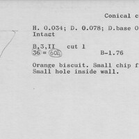 Index card with typed and handwritten information, sometimes including a sketch, of pottery from an excavation.