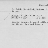 Index card with typed and handwritten information, sometimes including a sketch, of pottery from an excavation.