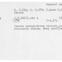 Index card with typed and handwritten information, sometimes including a sketch, of pottery from an excavation.