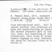 Index card with typed and handwritten information, sometimes including a sketch, of pottery from an excavation.