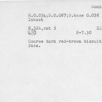 Index card with typed and handwritten information, sometimes including a sketch, of pottery from an excavation.