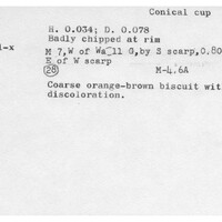 Index card with typed and handwritten information, sometimes including a sketch, of pottery from an excavation.