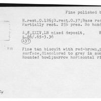 Index card with typed and handwritten information, sometimes including a sketch, of pottery from an excavation.