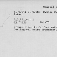 Index card with typed and handwritten information, sometimes including a sketch, of pottery from an excavation.