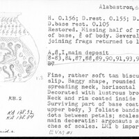 Index card with typed and handwritten information, sometimes including a sketch, of pottery from an excavation.