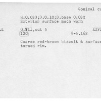 Index card with typed and handwritten information, sometimes including a sketch, of pottery from an excavation.