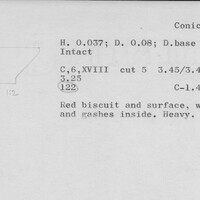 Index card with typed and handwritten information, sometimes including a sketch, of pottery from an excavation.
