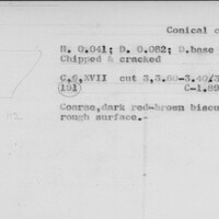 Index card with typed and handwritten information, sometimes including a sketch, of pottery from an excavation.