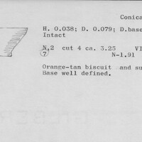 Index card with typed and handwritten information, sometimes including a sketch, of pottery from an excavation.