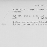 Index card with typed and handwritten information, sometimes including a sketch, of pottery from an excavation.
