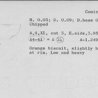 Index card with typed and handwritten information, sometimes including a sketch, of pottery from an excavation.