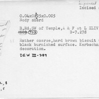 Index card with typed and handwritten information, sometimes including a sketch, of pottery from an excavation.