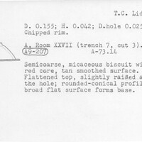 Index card with typed and handwritten information, sometimes including a sketch, of pottery from an excavation.