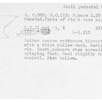 Index card with typed and handwritten information, sometimes including a sketch, of pottery from an excavation.