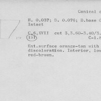 Index card with typed and handwritten information, sometimes including a sketch, of pottery from an excavation.