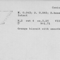 Index card with typed and handwritten information, sometimes including a sketch, of pottery from an excavation.