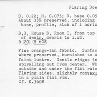 Index card with typed and handwritten information, sometimes including a sketch, of pottery from an excavation.