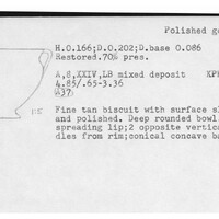 Index card with typed and handwritten information, sometimes including a sketch, of pottery from an excavation.