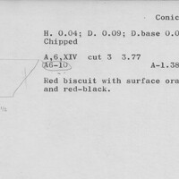 Index card with typed and handwritten information, sometimes including a sketch, of pottery from an excavation.