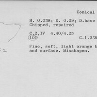 Index card with typed and handwritten information, sometimes including a sketch, of pottery from an excavation.