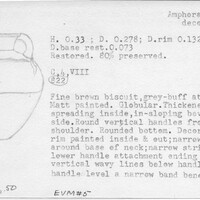 Index card with typed and handwritten information, sometimes including a sketch, of pottery from an excavation.